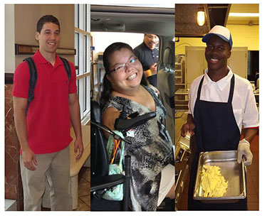 Three images: 1 man standing in a hall with a backpack, a young woman in an adapted van, a man cooking in a restaurant kitchen.