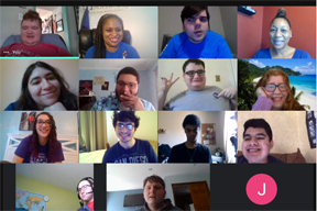 A screenshot of twelve Pathways students and two coordinators, in a virtual meeting.